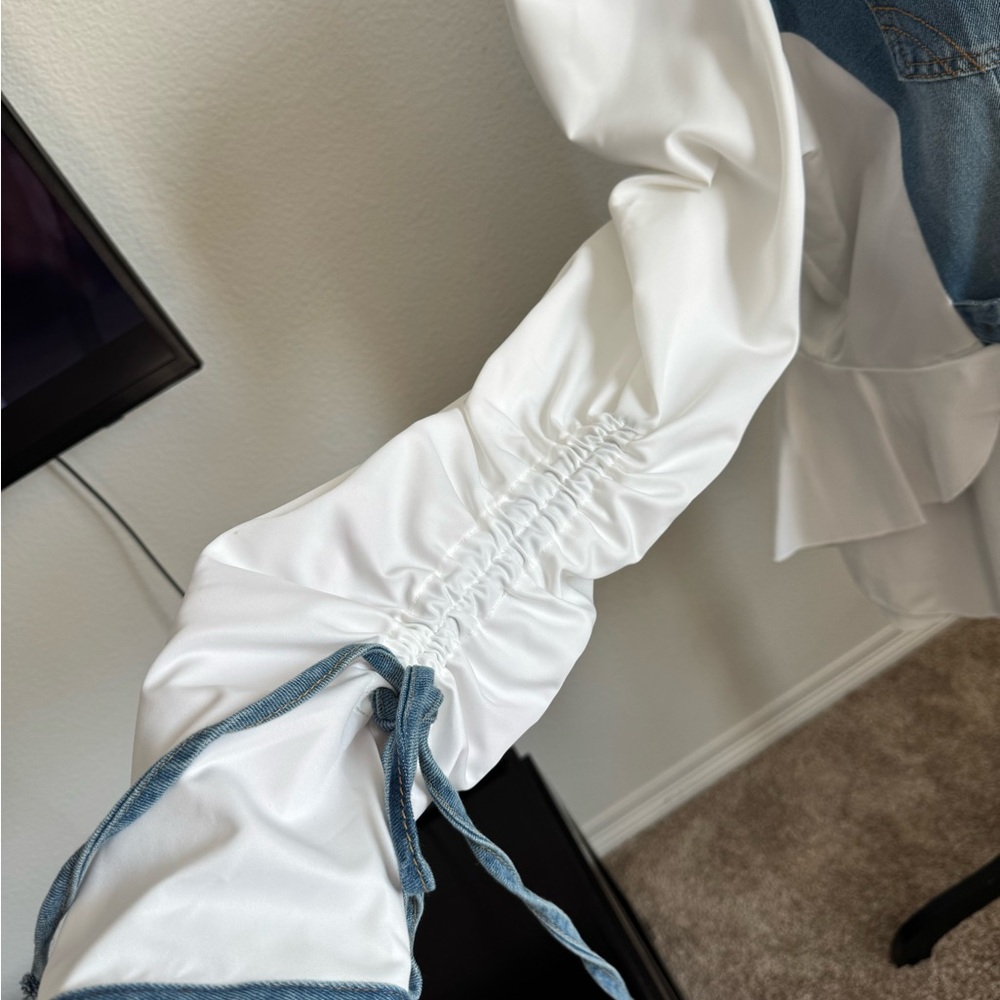 Denim and White Button Down Shirt with puffy sleeves - Picture 5 of 5